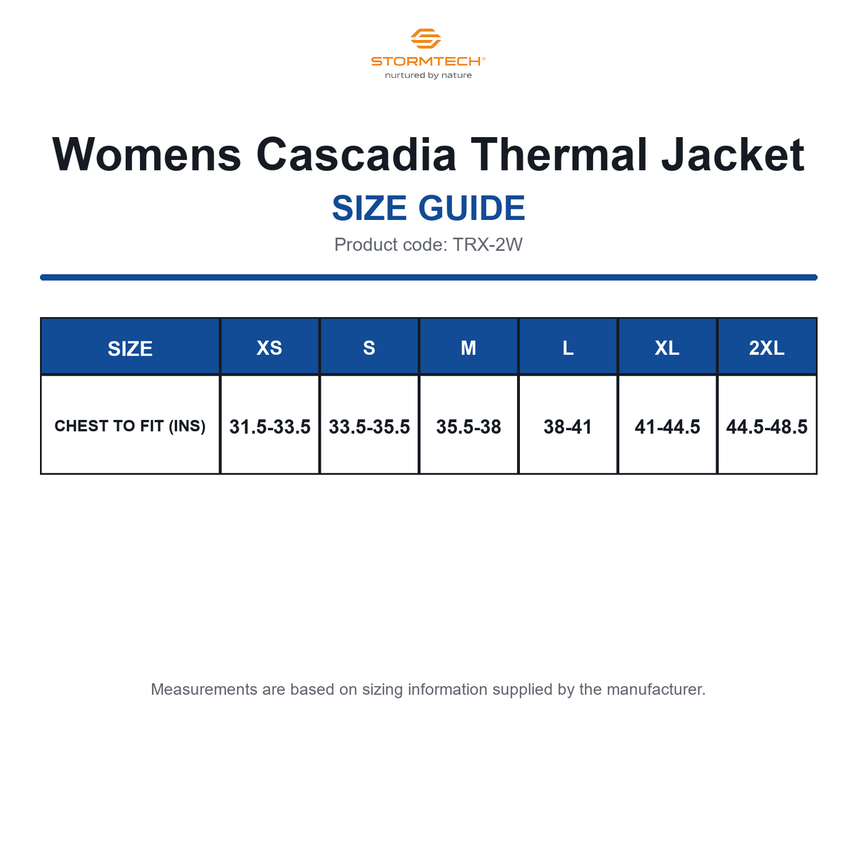 TRX-2W Stormtech Womens Cascadia Thermal Jacket size guide (TRX-2W)