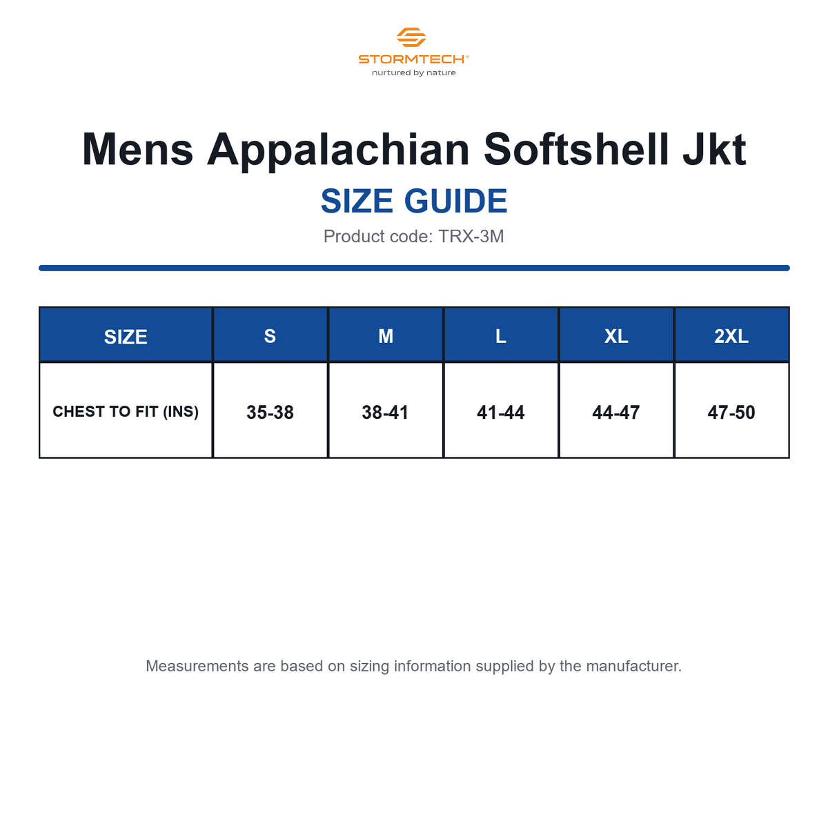 TRX-3M Stormtech Mens Appalachian Softshell Jkt size guide (TRX-3M)