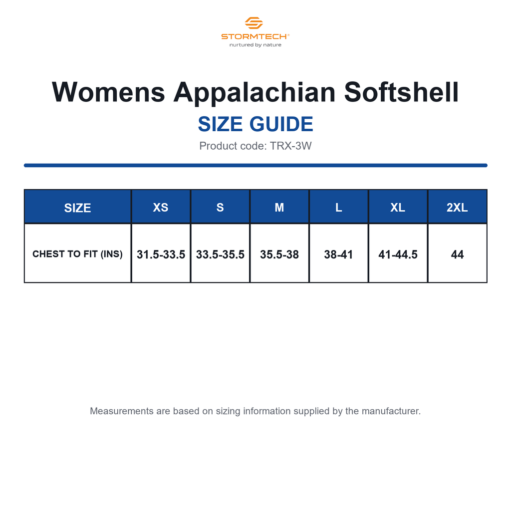TRX-3W Stormtech Womens Appalachian Softshell size guide (TRX-3W)