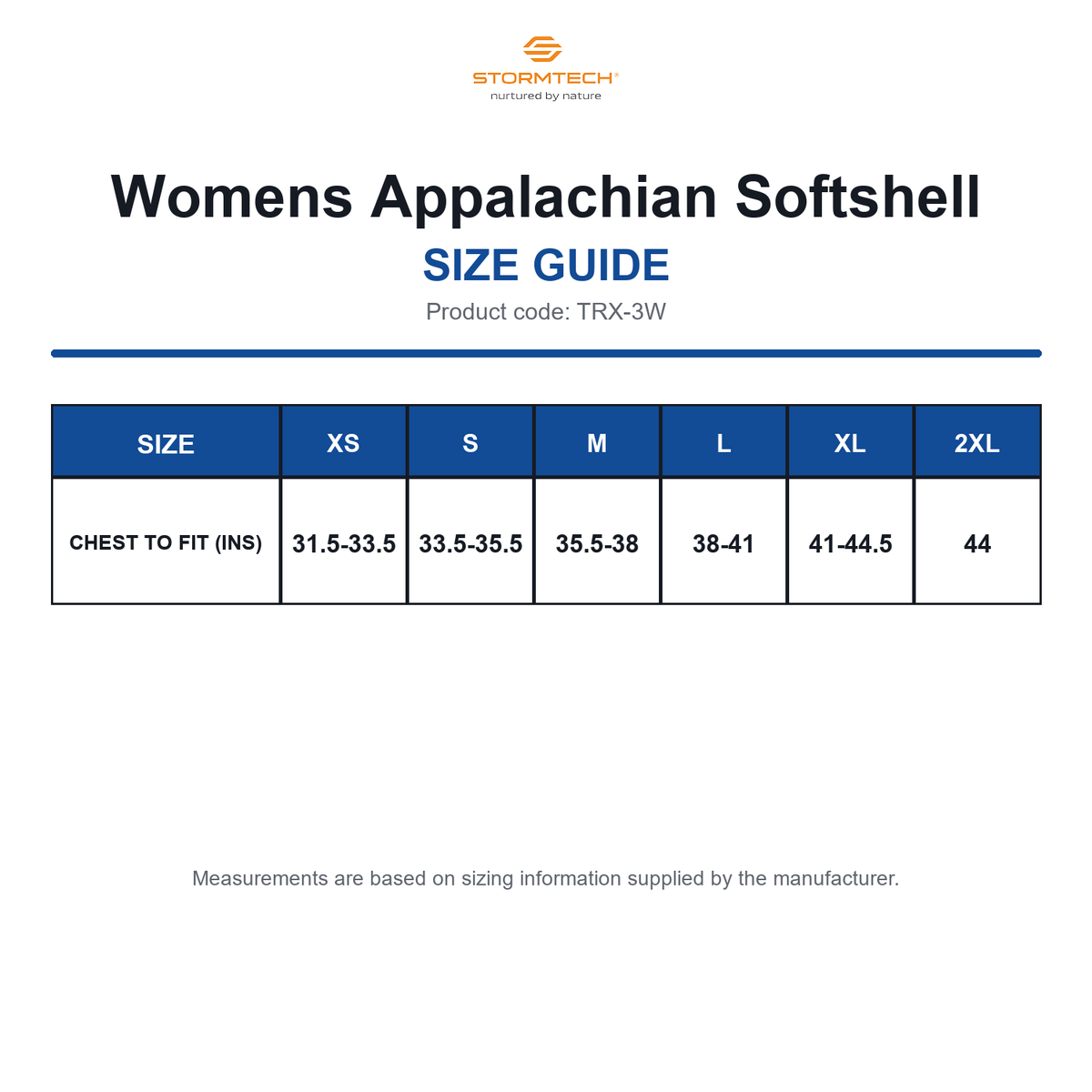 TRX-3W Stormtech Womens Appalachian Softshell size guide (TRX-3W)