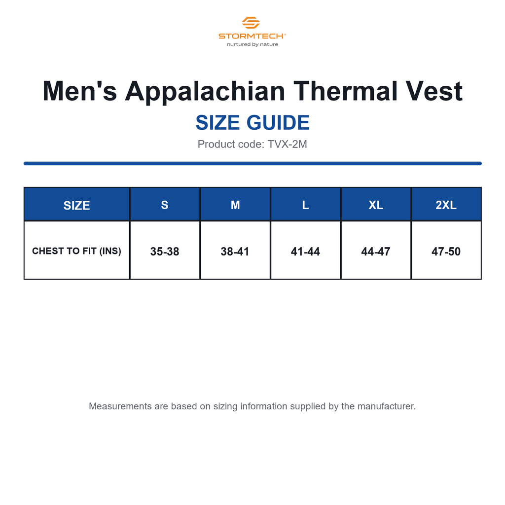 TVX-2M Stormtech Men's Appalachian Thermal Vest size guide (TVX-2M)