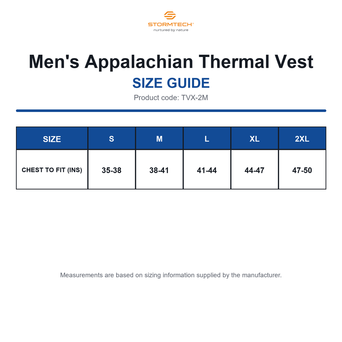 TVX-2M Stormtech Men's Appalachian Thermal Vest size guide (TVX-2M)