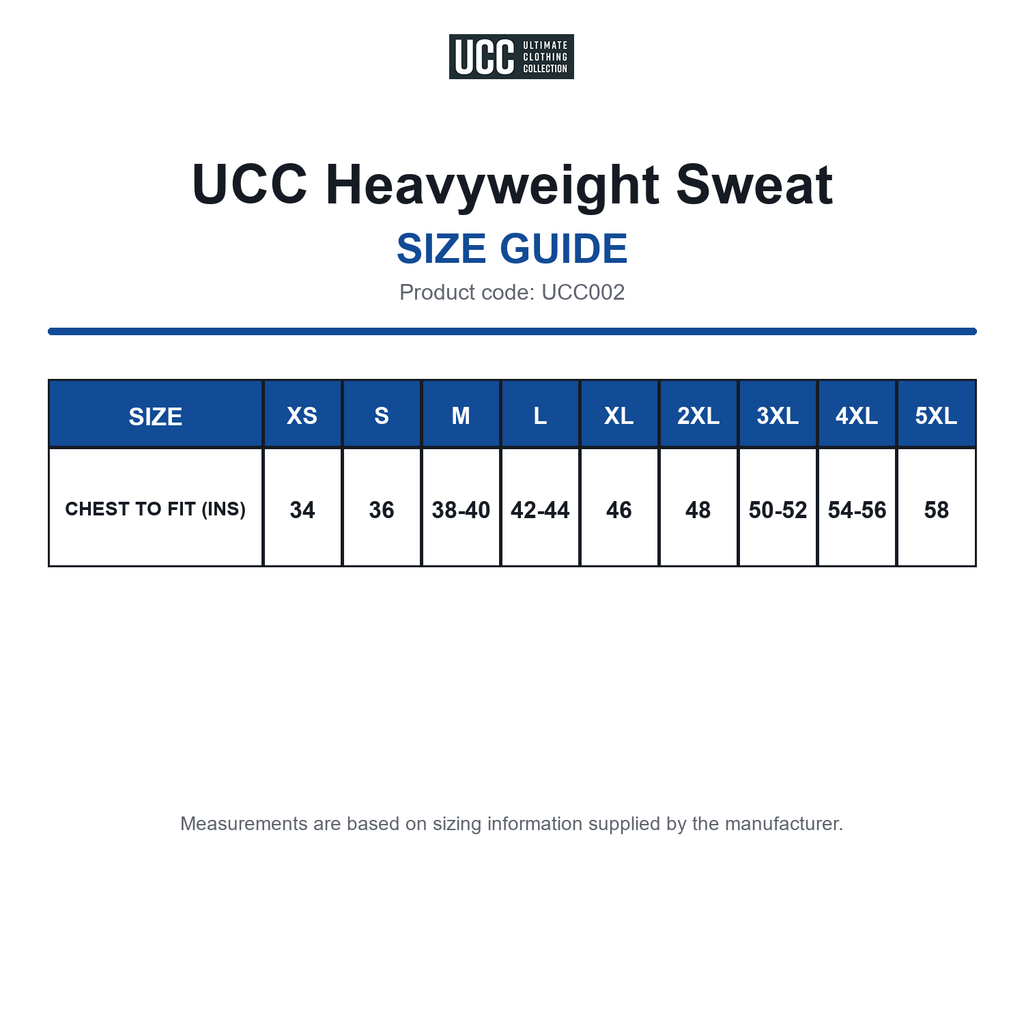 UCC002 UCC Heavyweight Sweat size guide (UCC002)