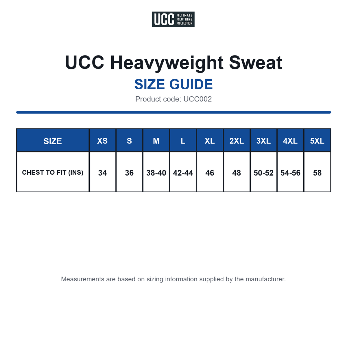 UCC002 UCC Heavyweight Sweat size guide (UCC002)