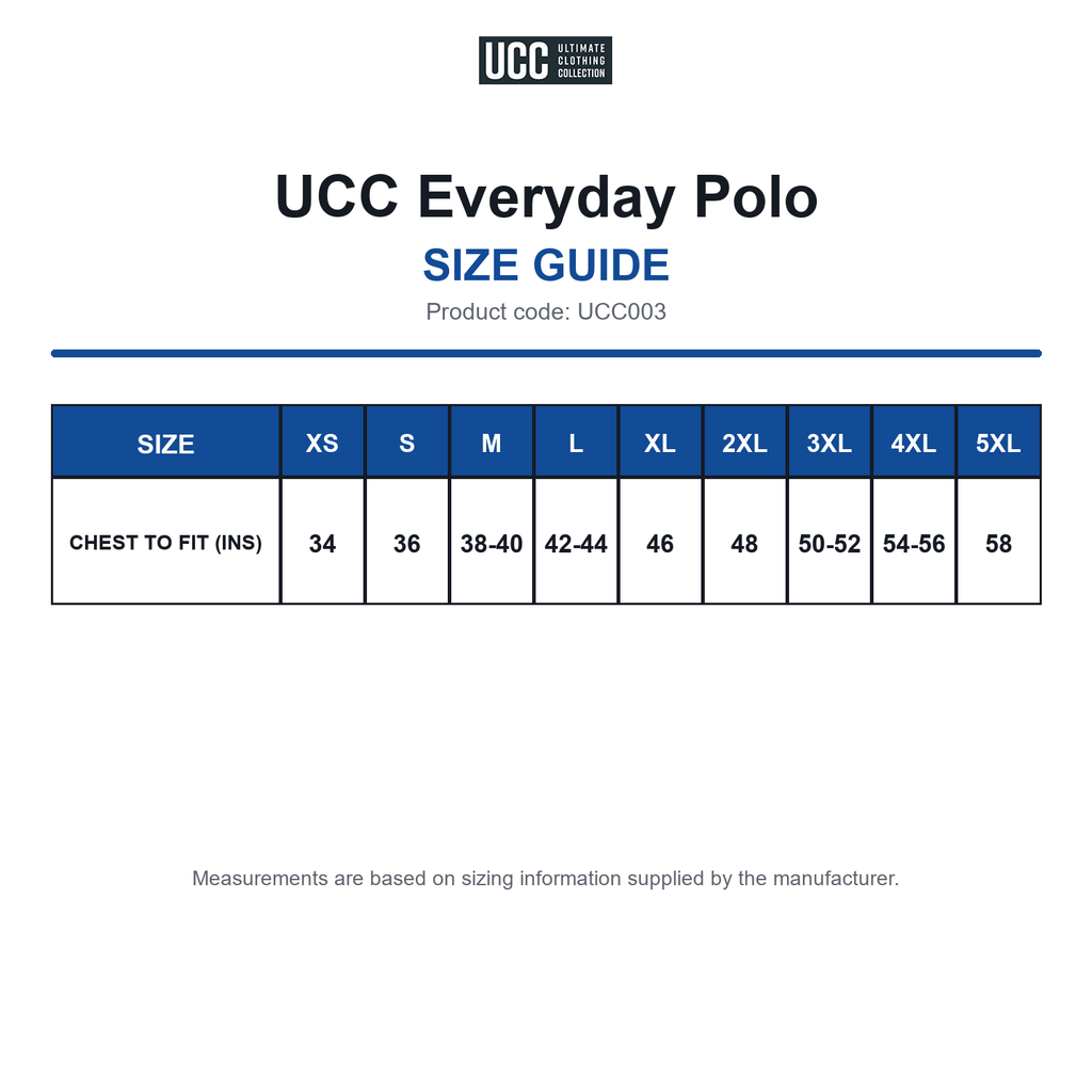 UCC003 UCC Everyday Polo size guide (UCC003)