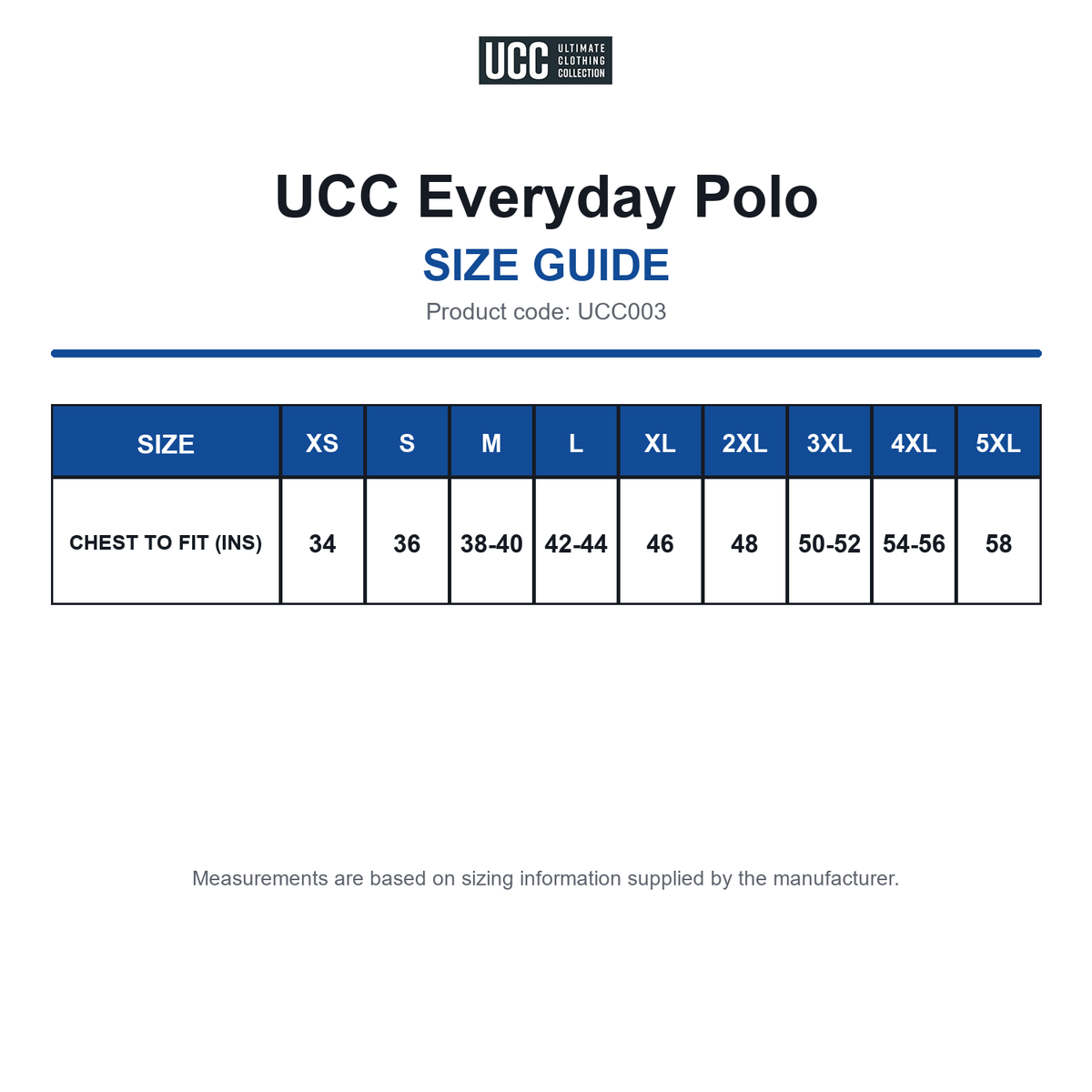 UCC003 UCC Everyday Polo size guide (UCC003)