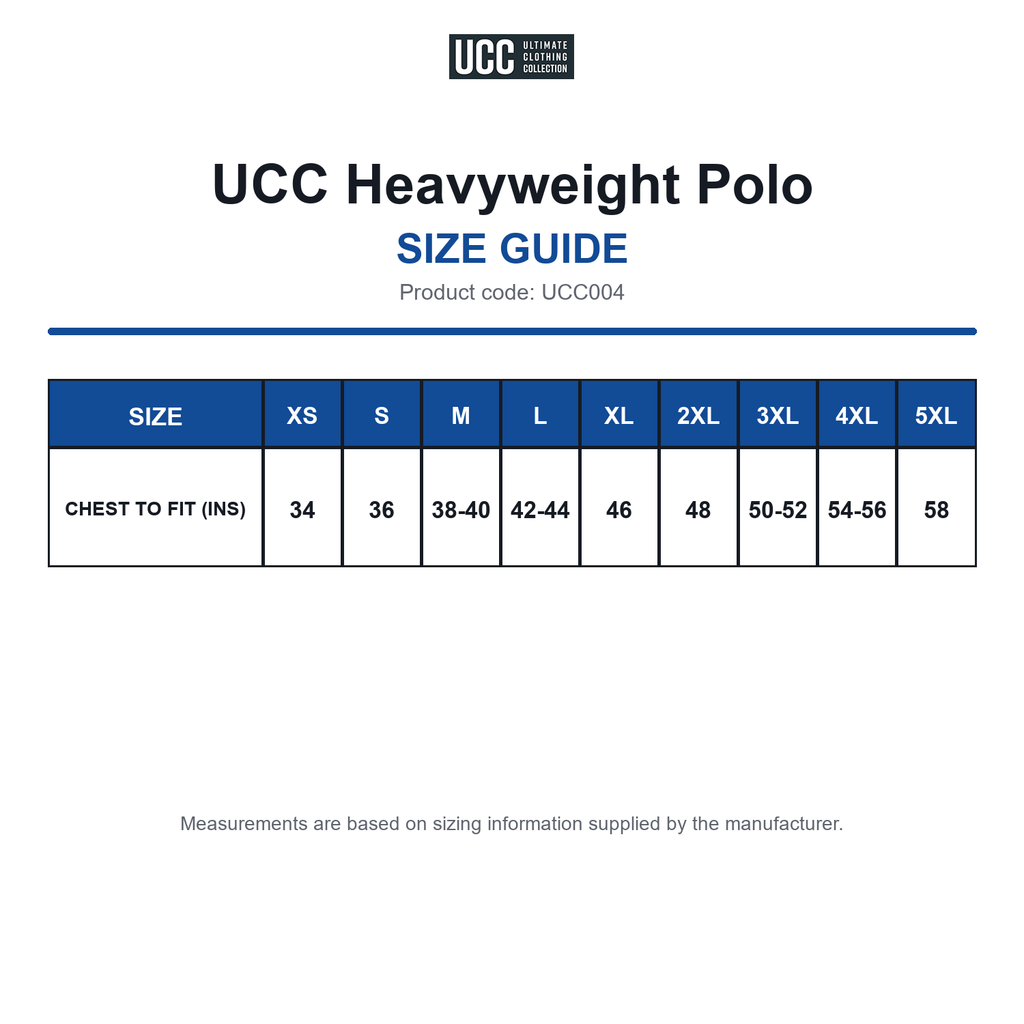 UCC004 UCC Heavyweight Polo size guide (UCC004)