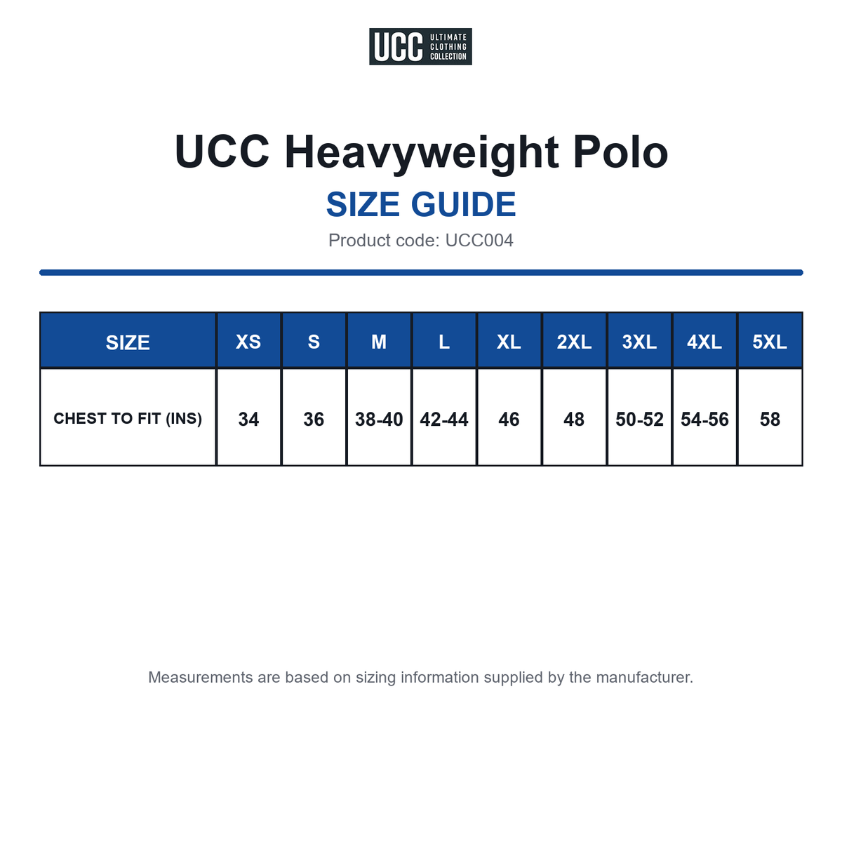 UCC004 UCC Heavyweight Polo size guide (UCC004)