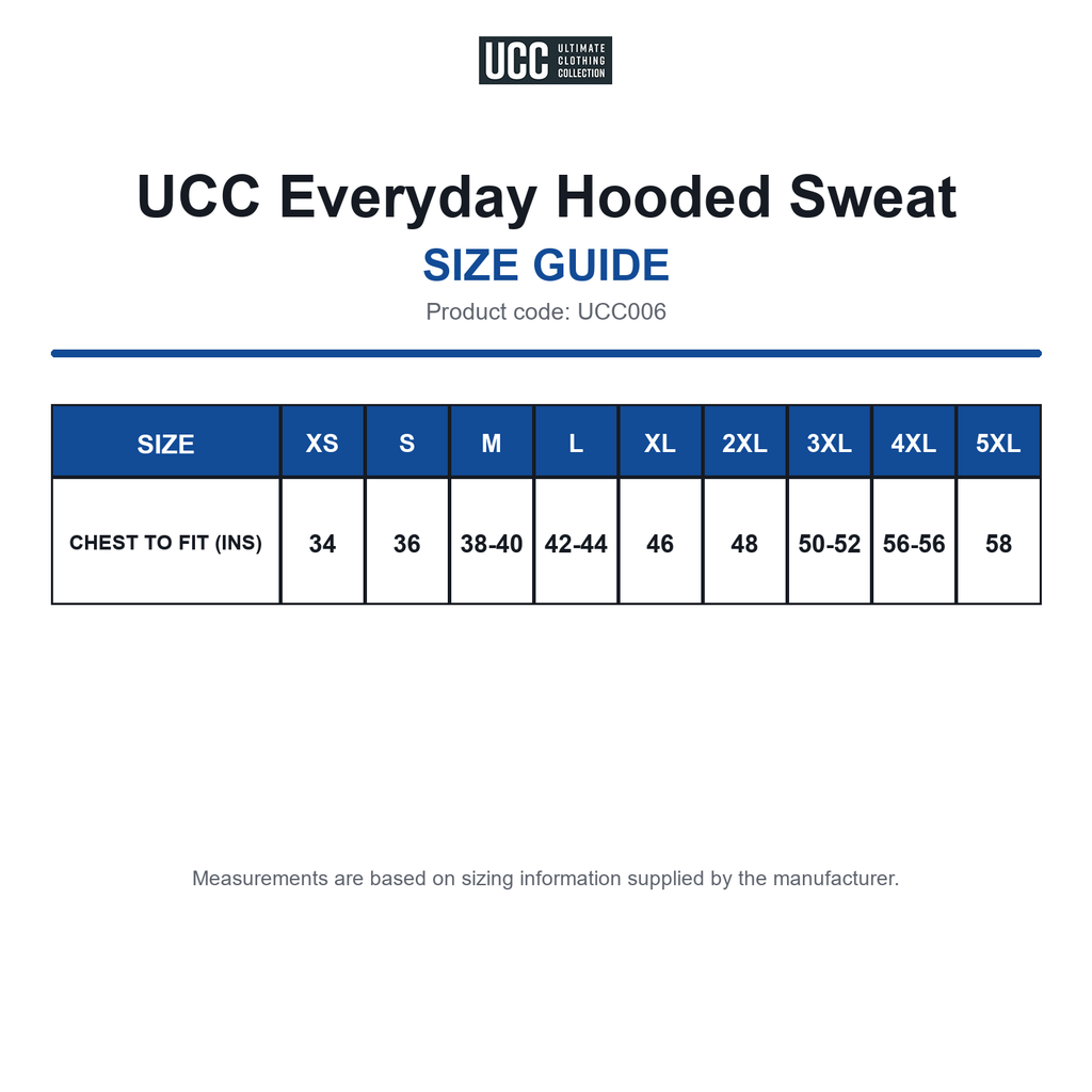 UCC006 UCC Everyday Hooded Sweat size guide (UCC006)