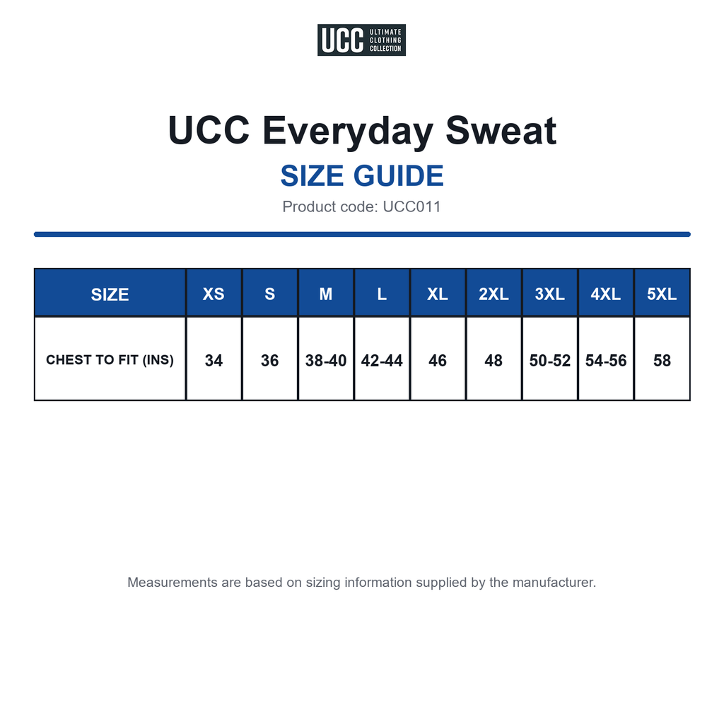 UCC011 UCC Everyday Sweat size guide (UCC011)
