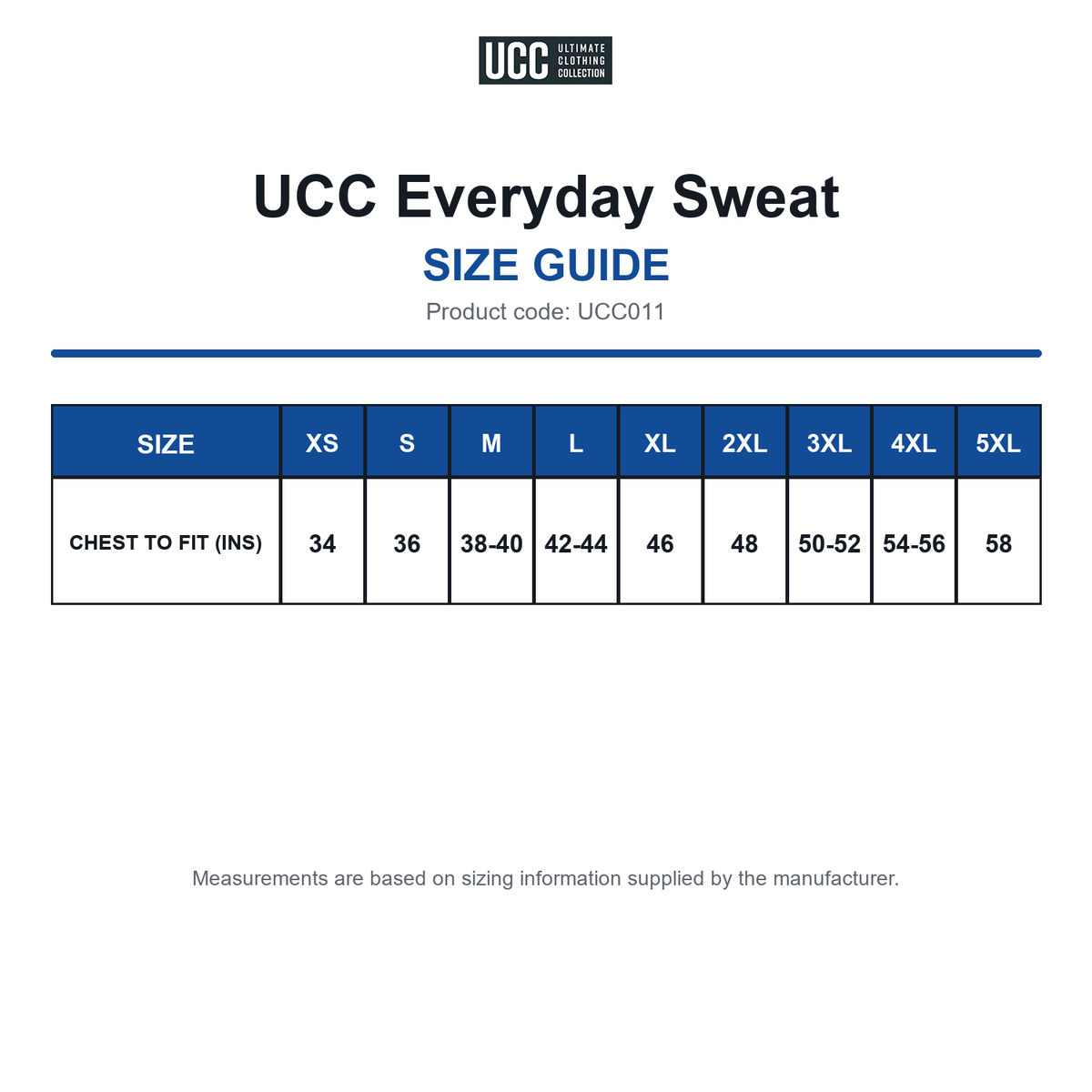 UCC011 UCC Everyday Sweat size guide (UCC011)