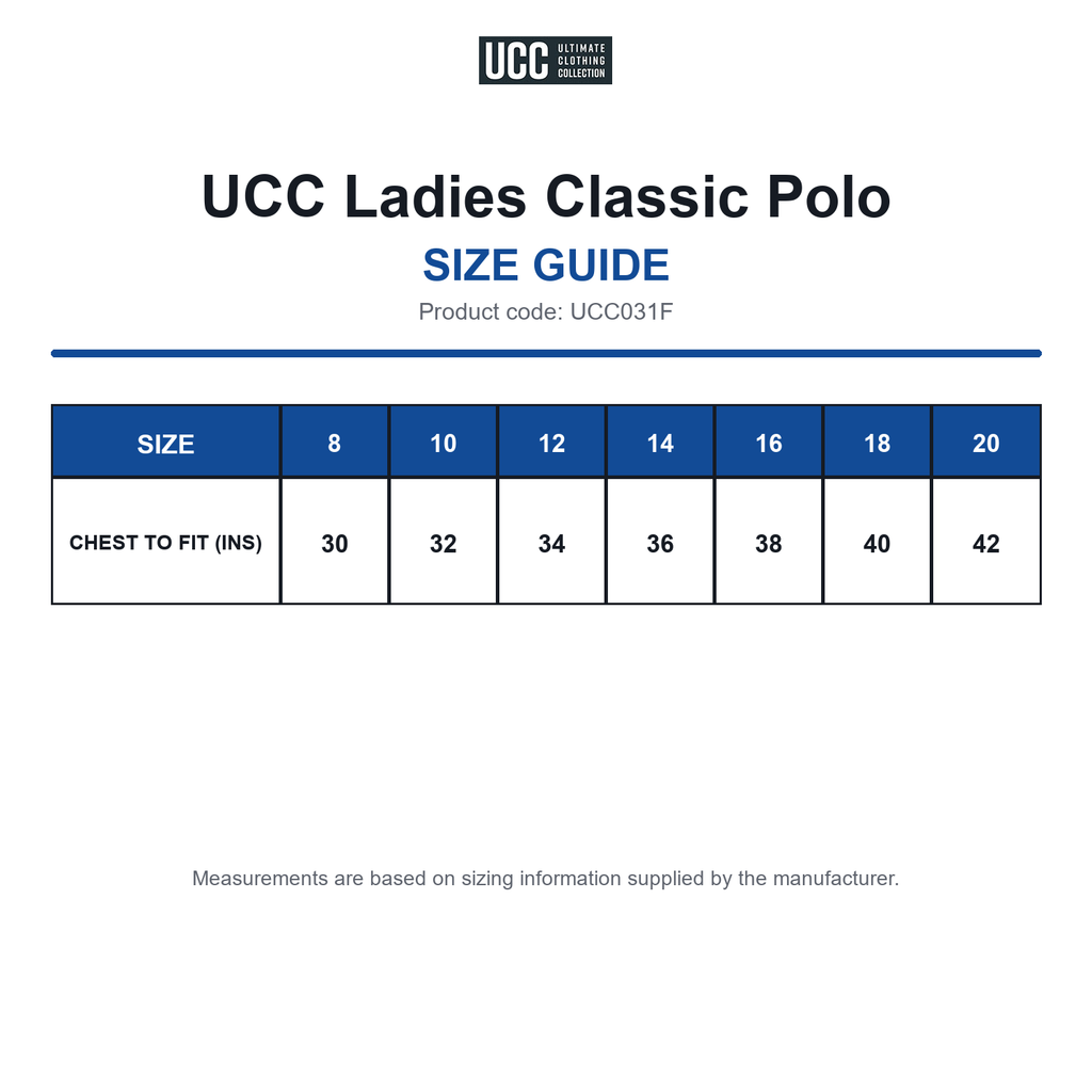 UCC031F UCC Ladies Classic Polo size guide (UCC031F)