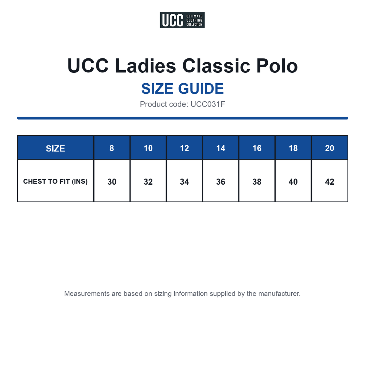 UCC031F UCC Ladies Classic Polo size guide (UCC031F)