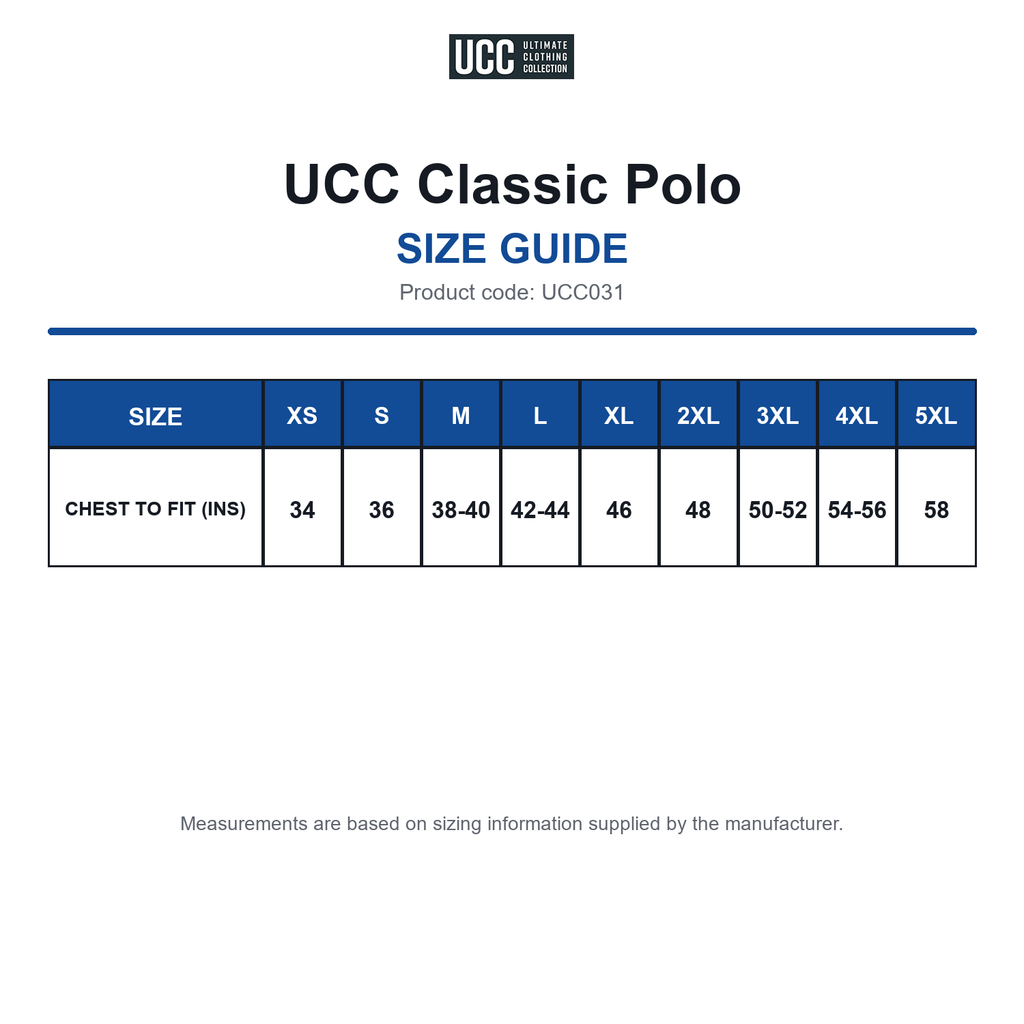 UCC031 UCC Classic Polo size guide (UCC031)