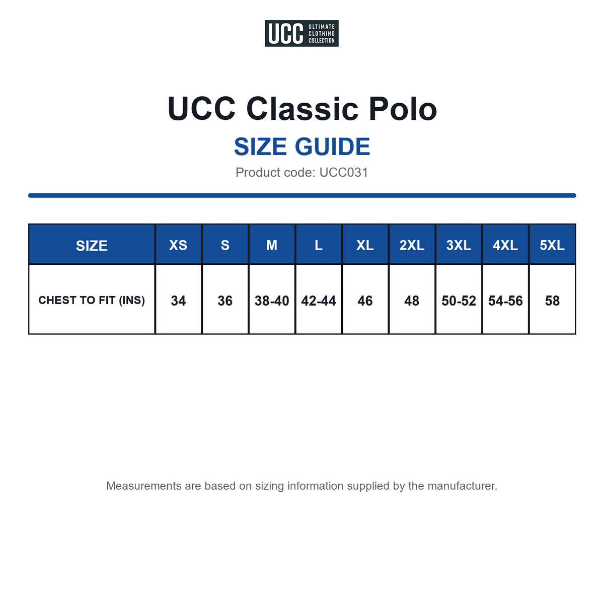UCC031 UCC Classic Polo size guide (UCC031)