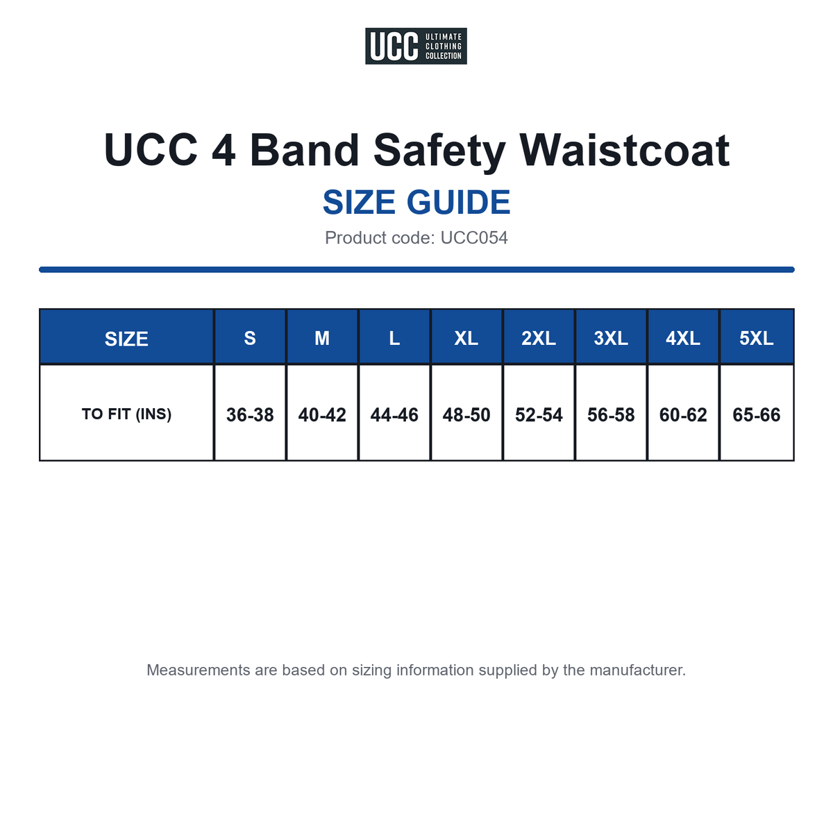 UCC054 UCC 4 Band Safety Waistcoat size guide (UCC054)