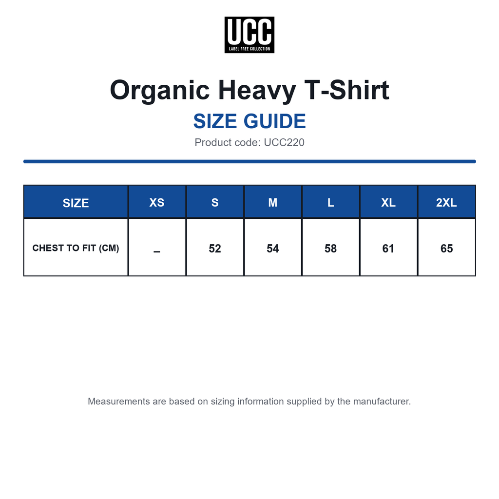 UCC220 Organic Heavy T-Shirt size guide (UCC220)