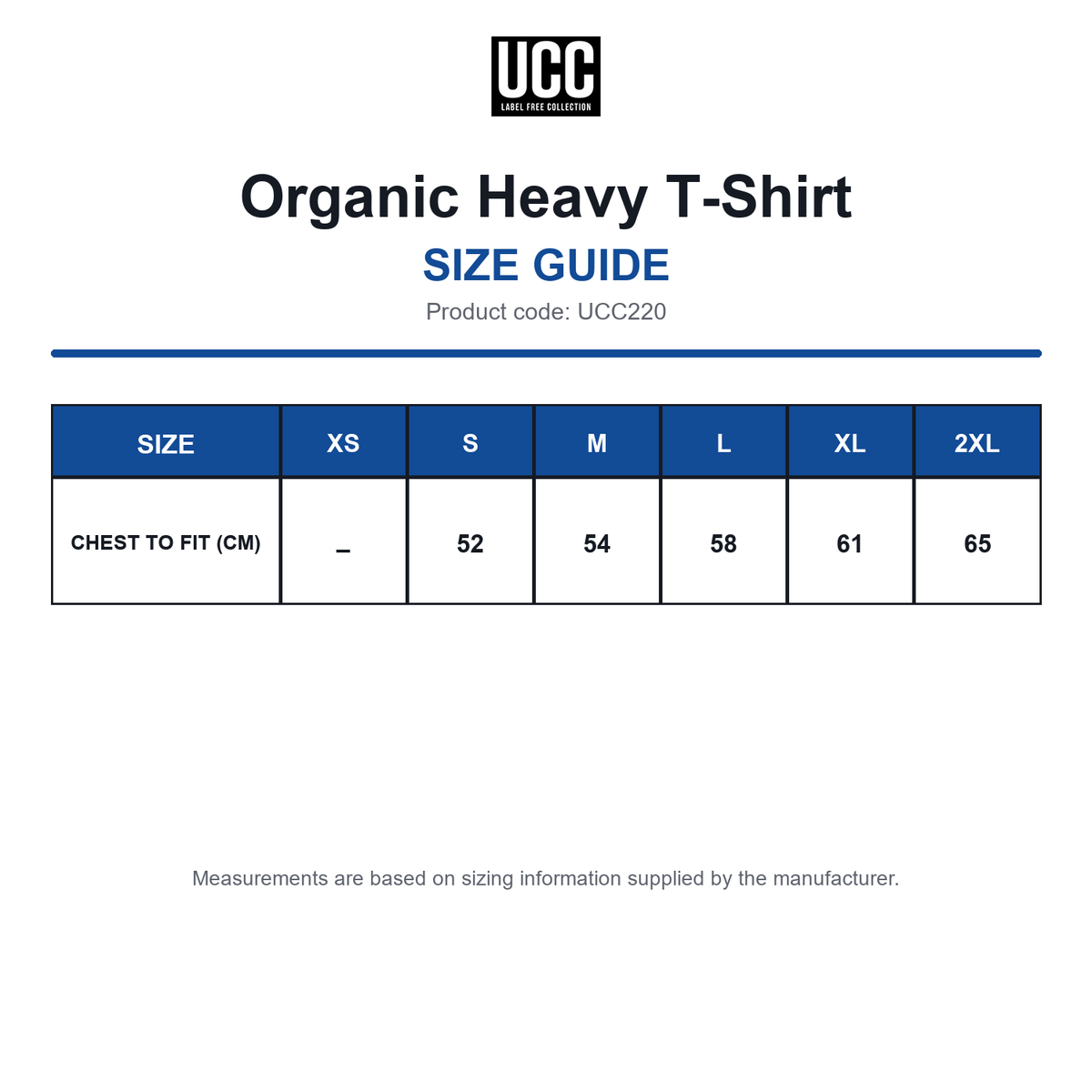 UCC220 Organic Heavy T-Shirt size guide (UCC220)