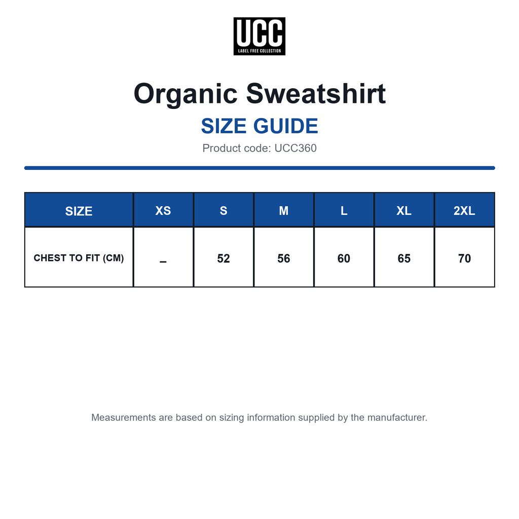UCC360 Organic Sweatshirt size guide (UCC360)