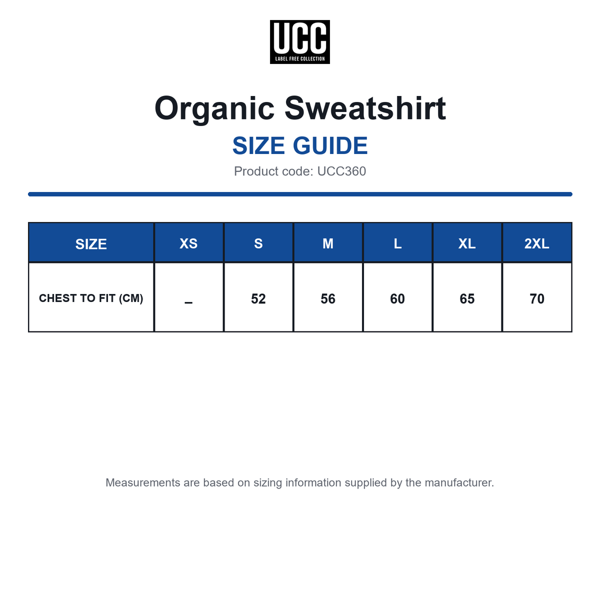UCC360 Organic Sweatshirt size guide (UCC360)