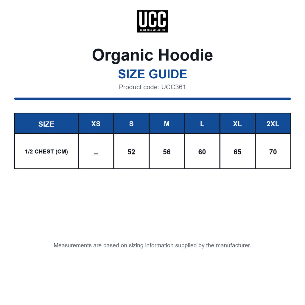 UCC361 Organic Hoodie size guide (UCC361)