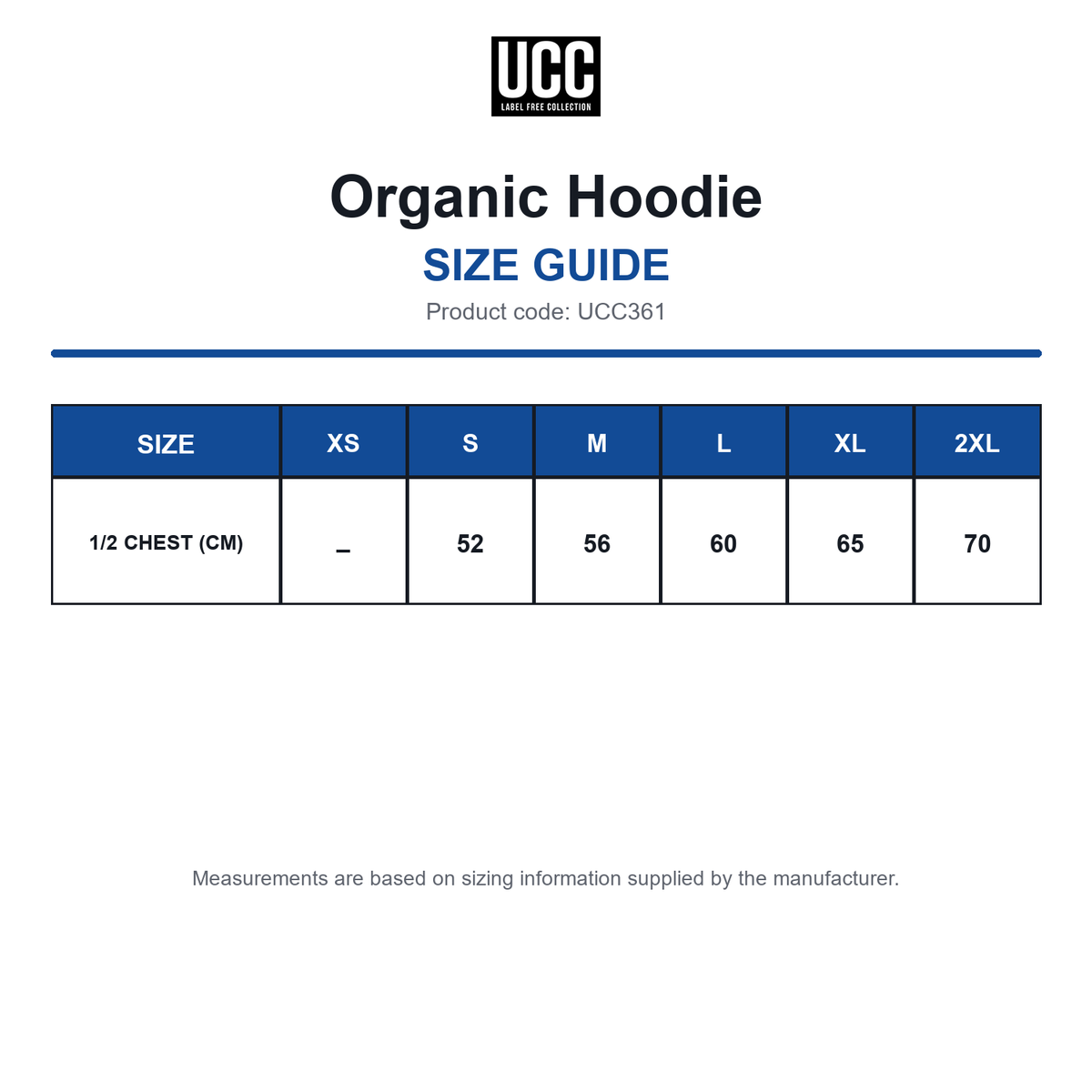 UCC361 Organic Hoodie size guide (UCC361)