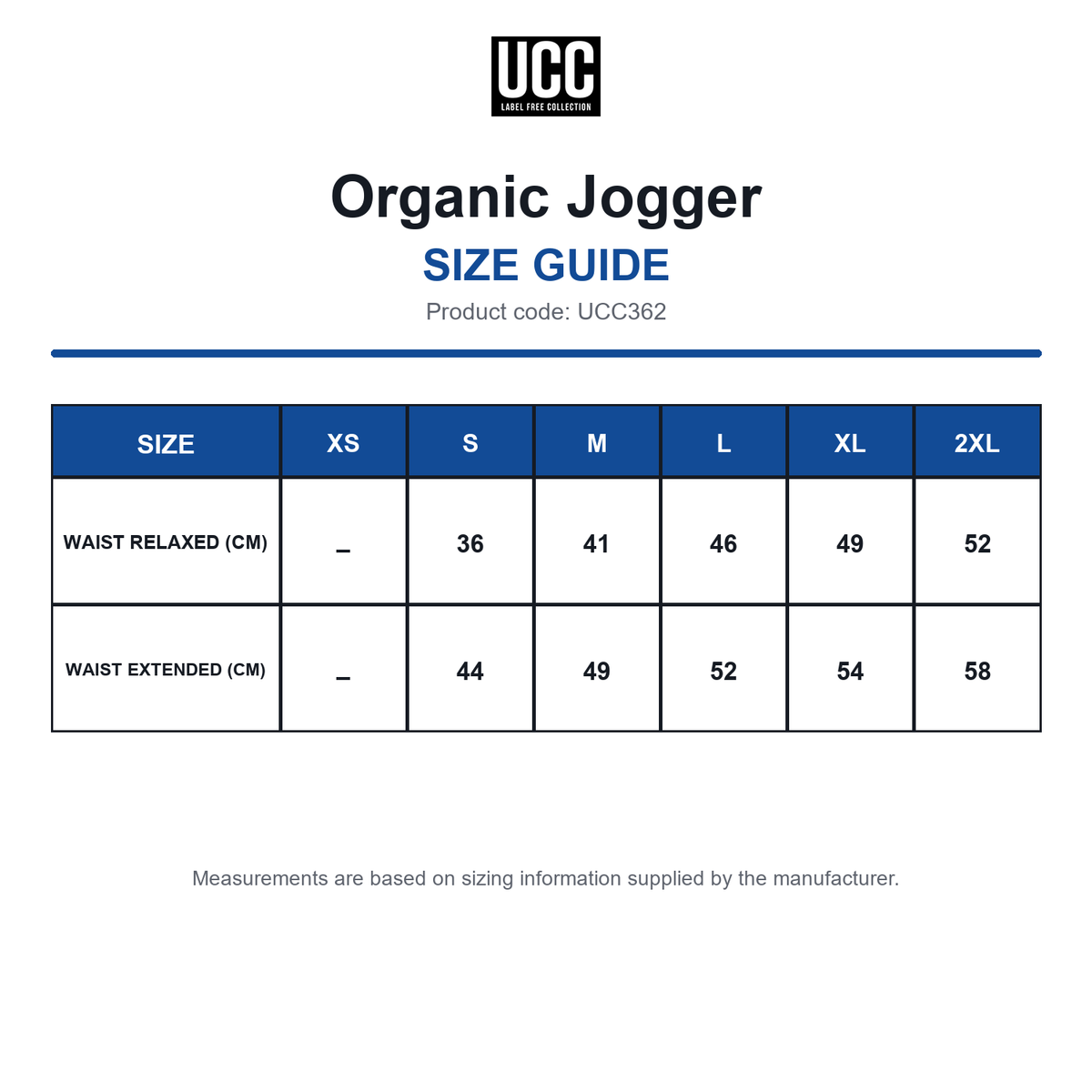 UCC362 Organic Jogger size guide (UCC362)