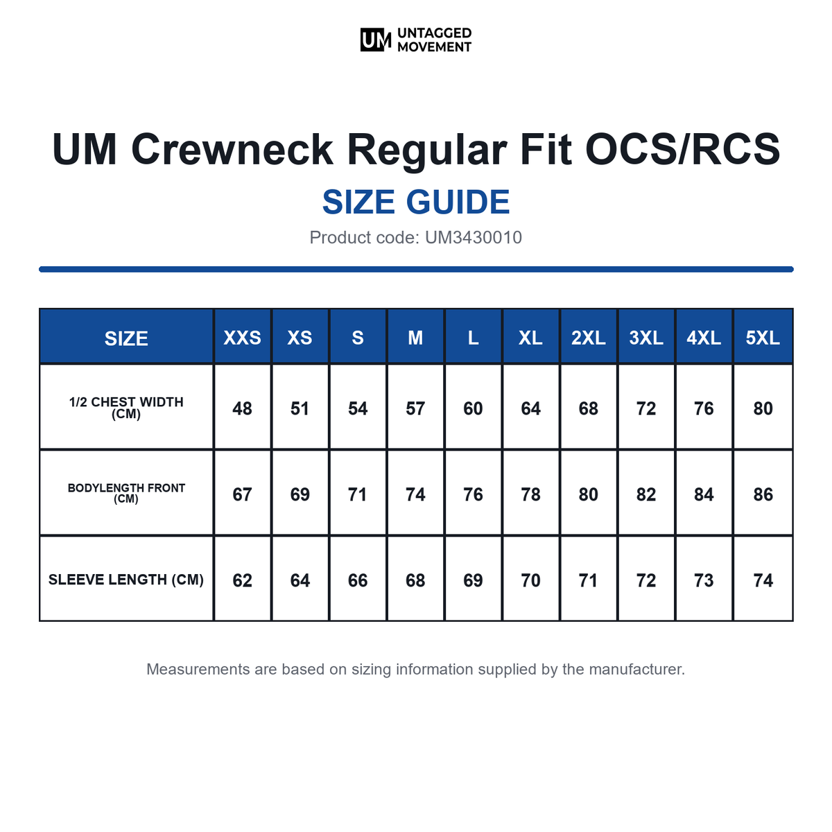 UM3430010 UM Crewneck Regular Fit OCS/RCS size guide (UM3430010)