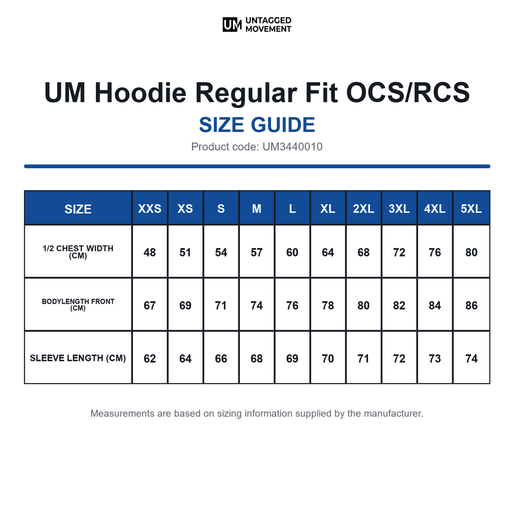 UM3440010 UM Hoodie Regular Fit OCS/RCS size guide (UM3440010)