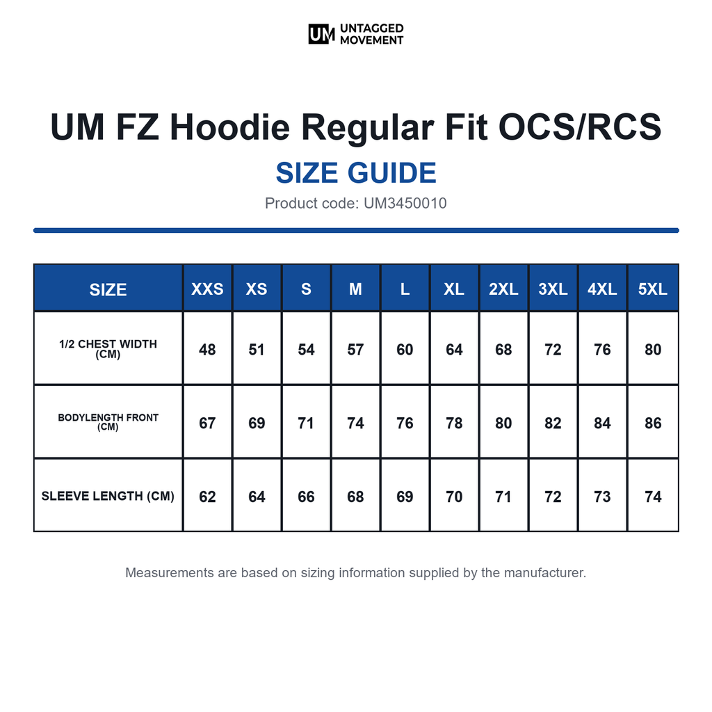 UM3450010 UM FZ Hoodie Regular Fit OCS/RCS size guide (UM3450010)