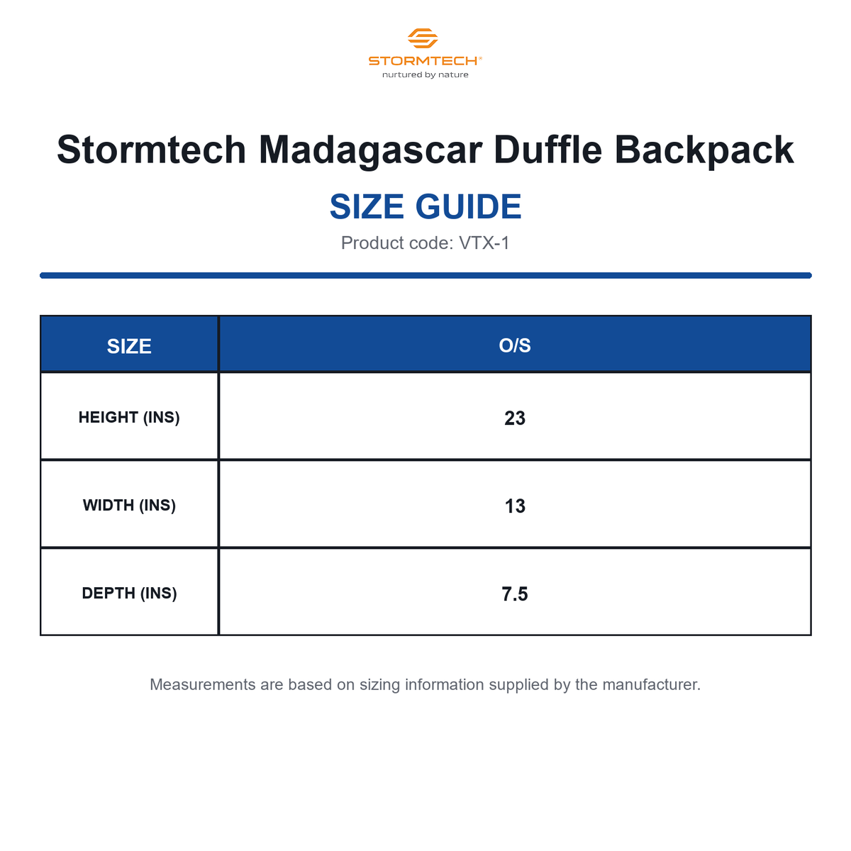 VTX-1 Stormtech Madagascar Duffle Backpack size guide (VTX-1)