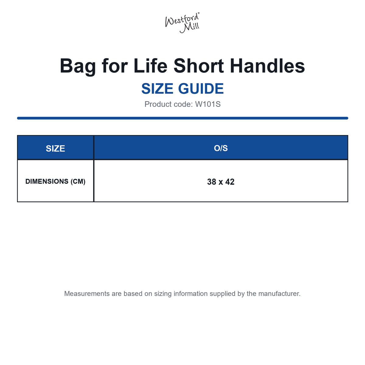 W101S Westford Mill Bag for Life Short Handles size guide (W101S)