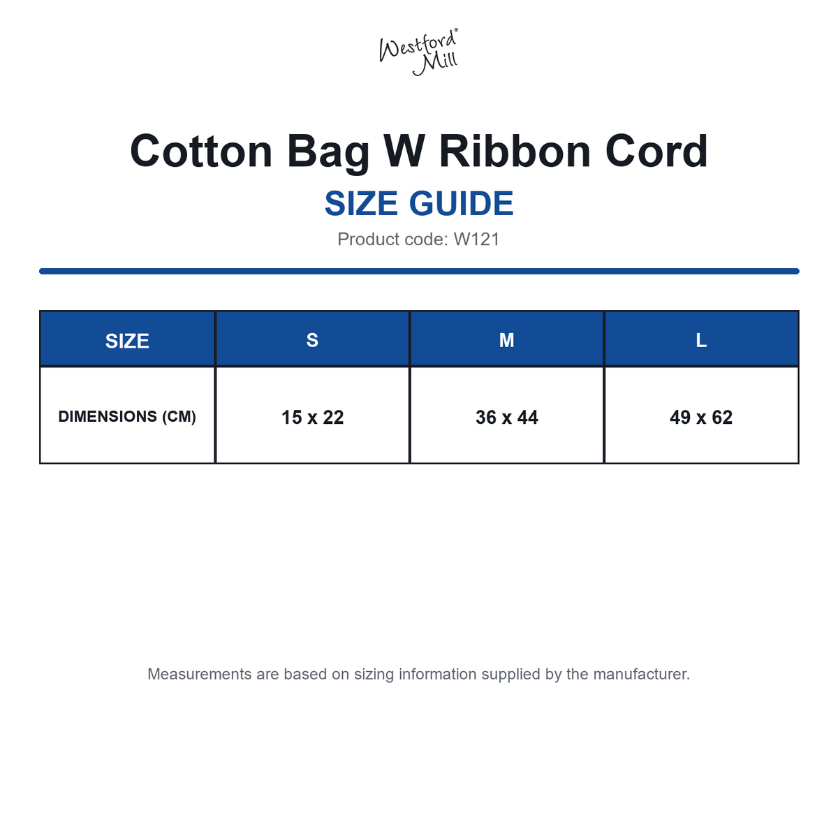 W121 Westford Mill Cotton Bag W Ribbon Cord size guide (W121)