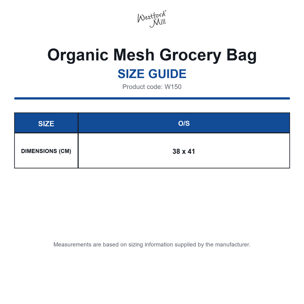 W150 Westford Mill Organic Mesh Grocery Bag size guide (W150)