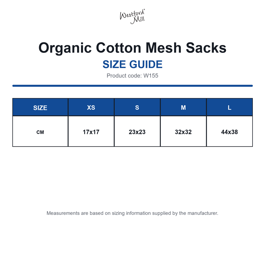 W155 Westford Mill Organic Cotton Mesh Sacks size guide (W155)
