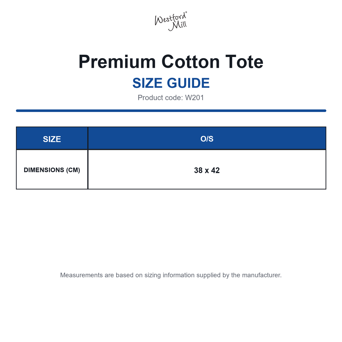 W201 Westford Mill Premium Cotton Tote size guide (W201)