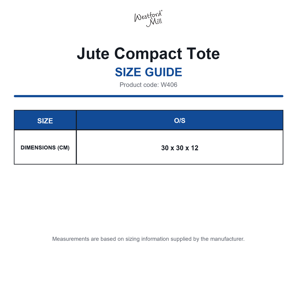 W406 Westford Mill Jute Compact Tote size guide (W406)