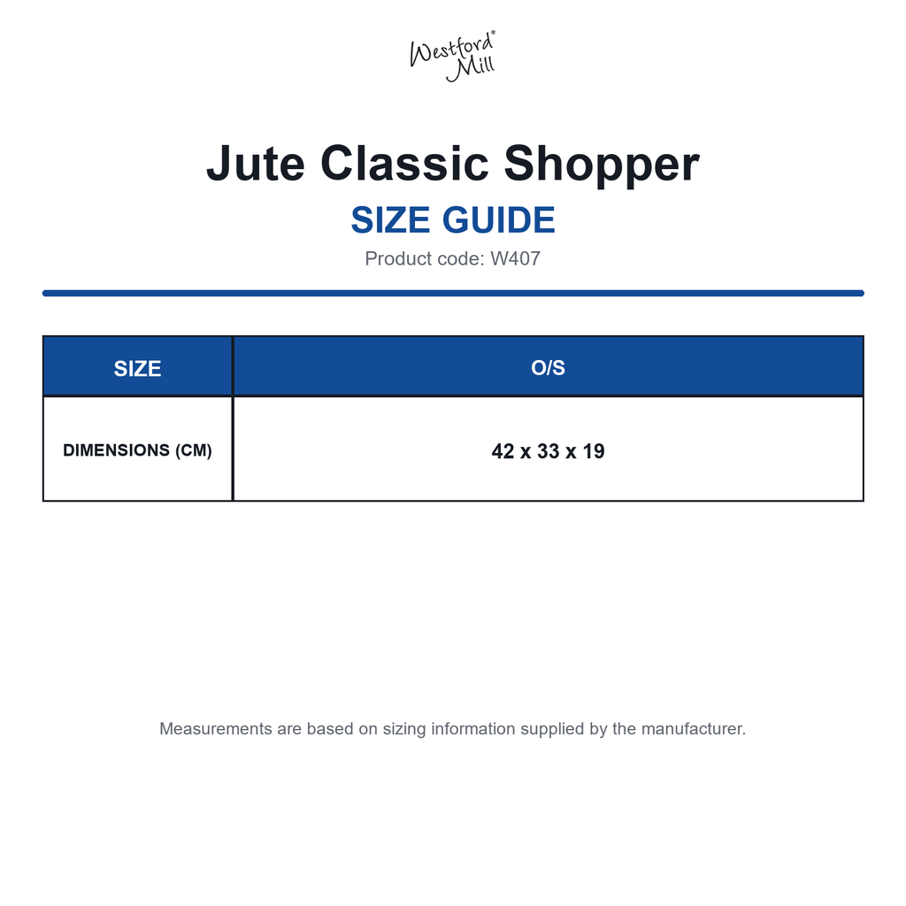W407 Westford Mill Jute Classic Shopper size guide (W407)