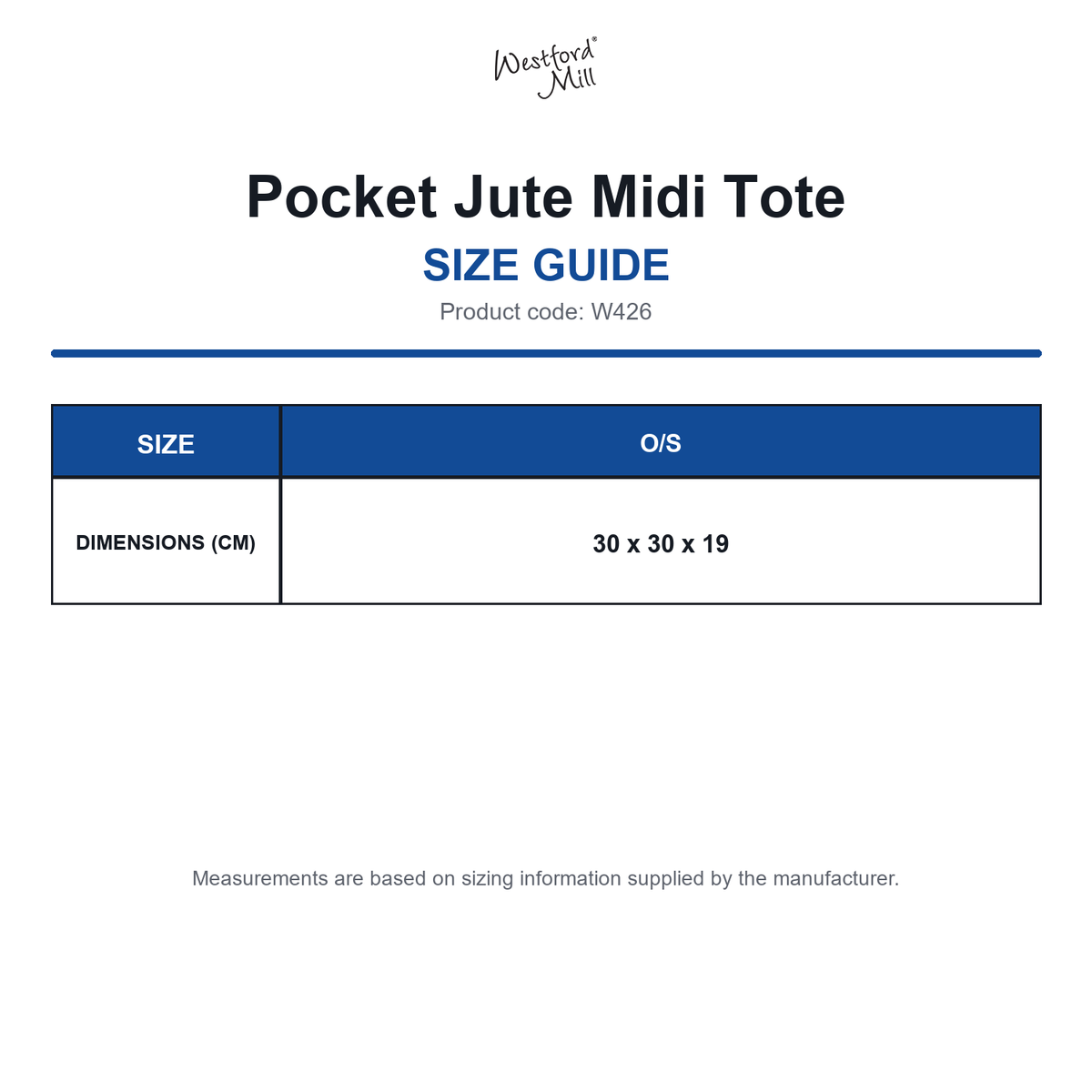 W426 Westford Mill Pocket Jute Midi Tote size guide (W426)