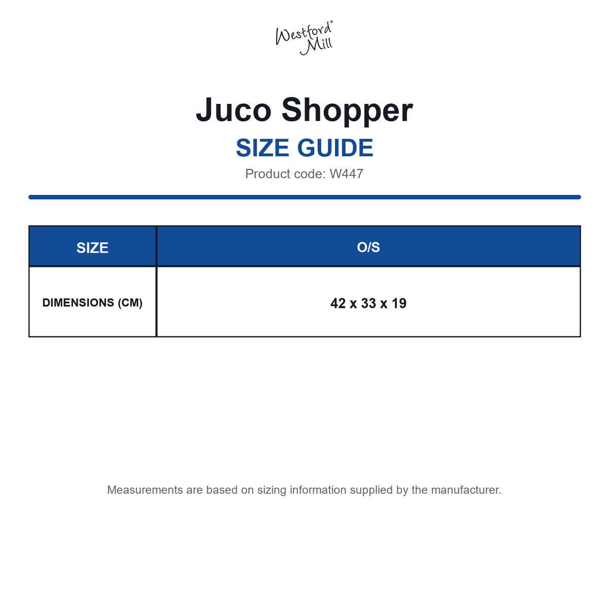 W447 Westford Mill Juco Shopper size guide (W447)