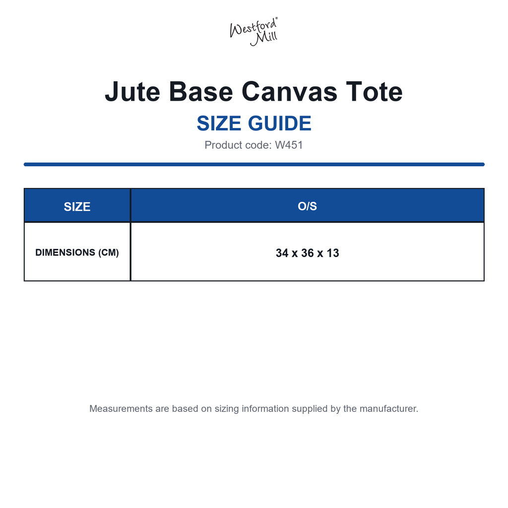 W451 Westford Mill Jute Base Canvas Tote size guide (W451)
