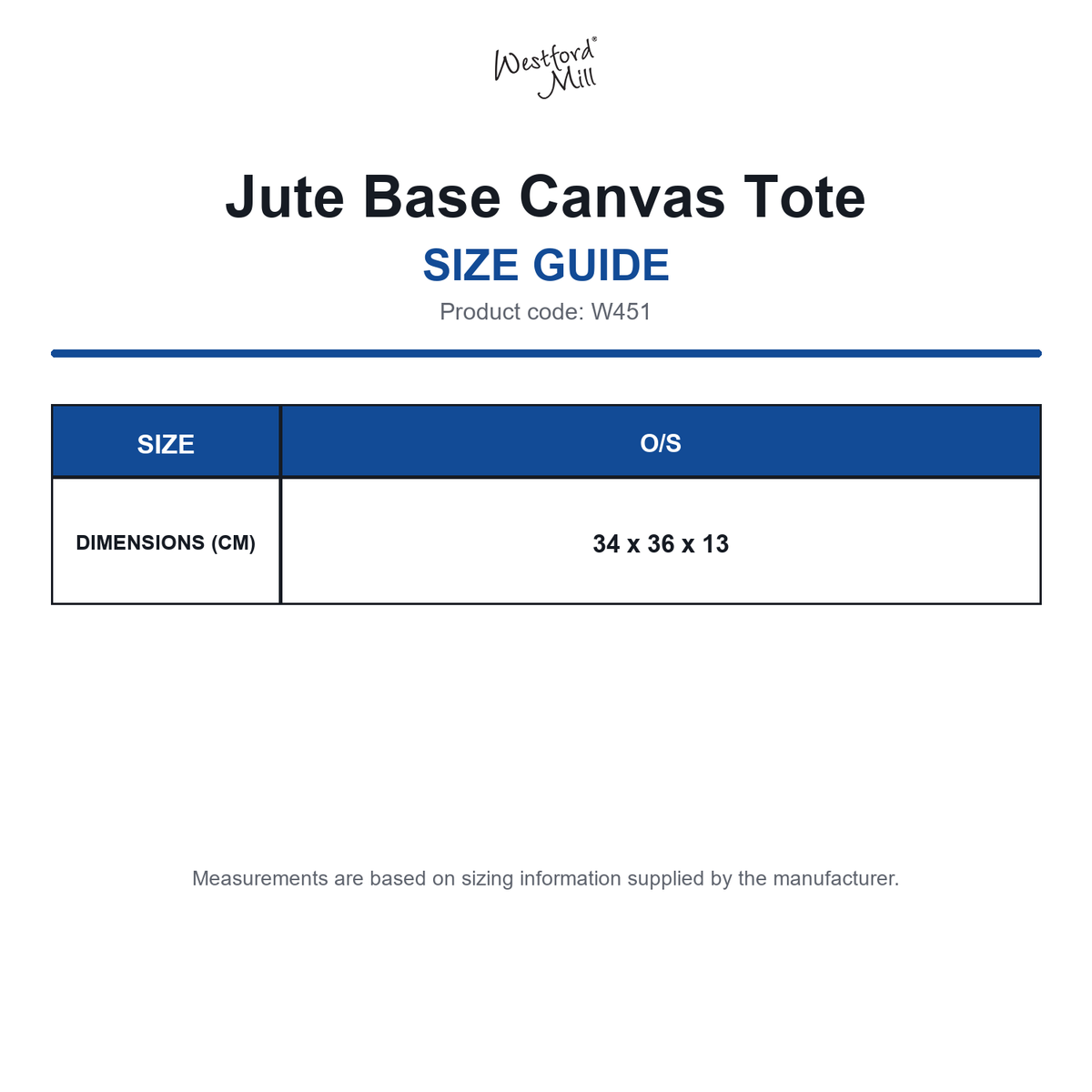W451 Westford Mill Jute Base Canvas Tote size guide (W451)