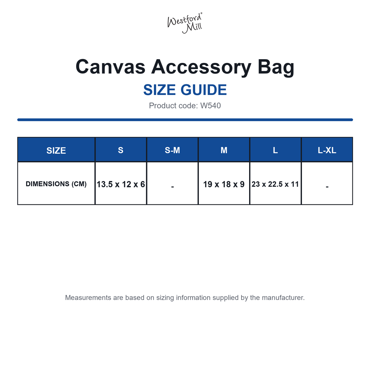 W540 Westford Mill Canvas Accessory Bag size guide (W540)