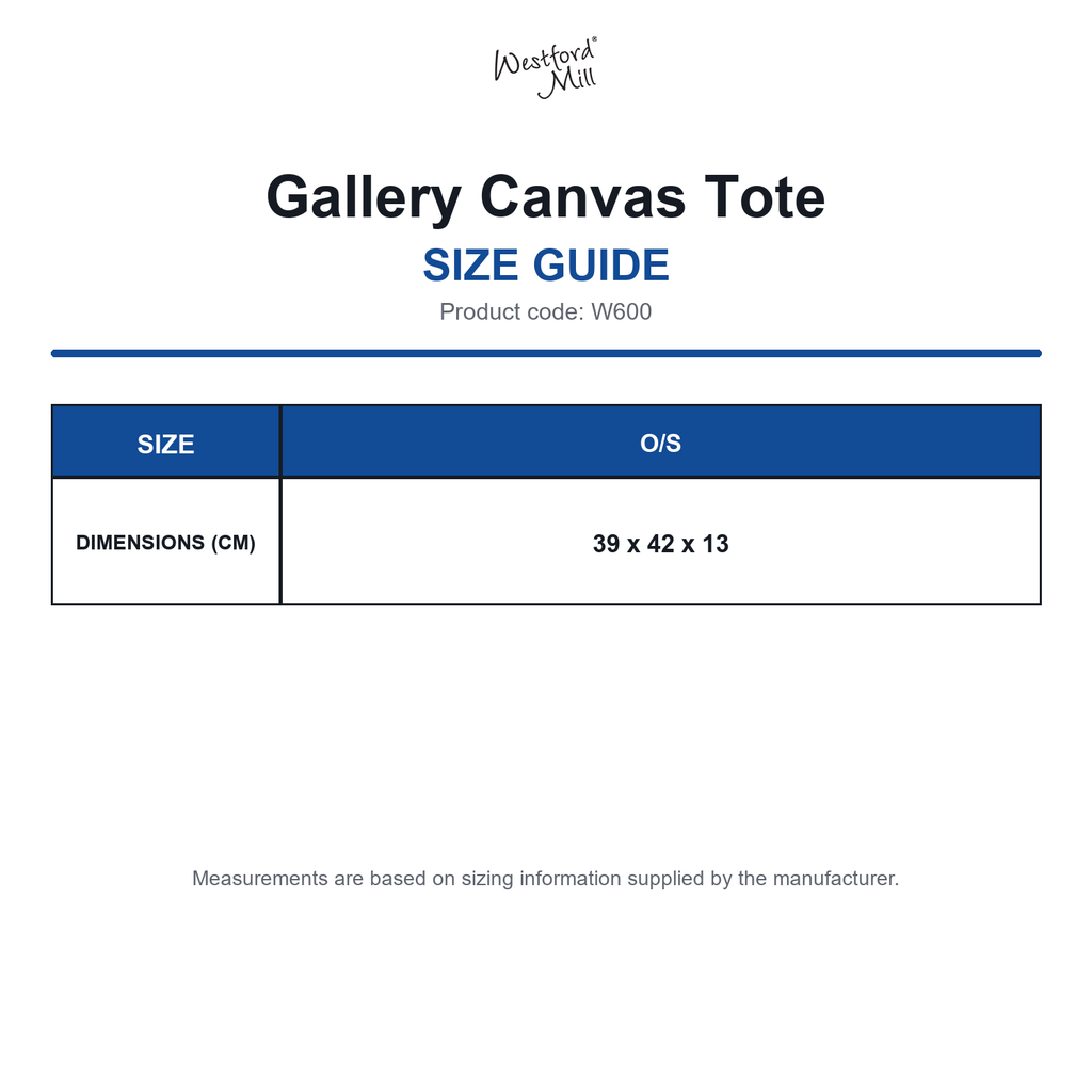 W600 Westford Mill Gallery Canvas Tote size guide (W600)