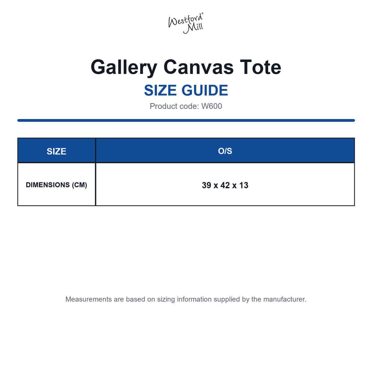 W600 Westford Mill Gallery Canvas Tote size guide (W600)