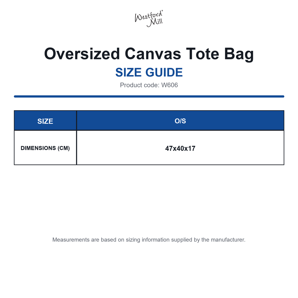 W606 Westford Mill Oversized Canvas Tote Bag size guide (W606)