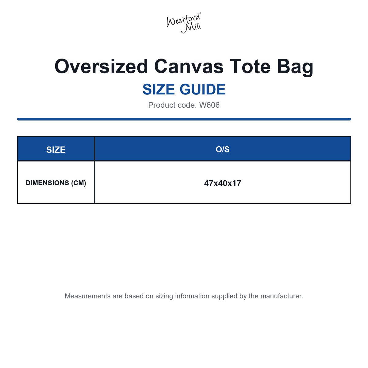 W606 Westford Mill Oversized Canvas Tote Bag size guide (W606)