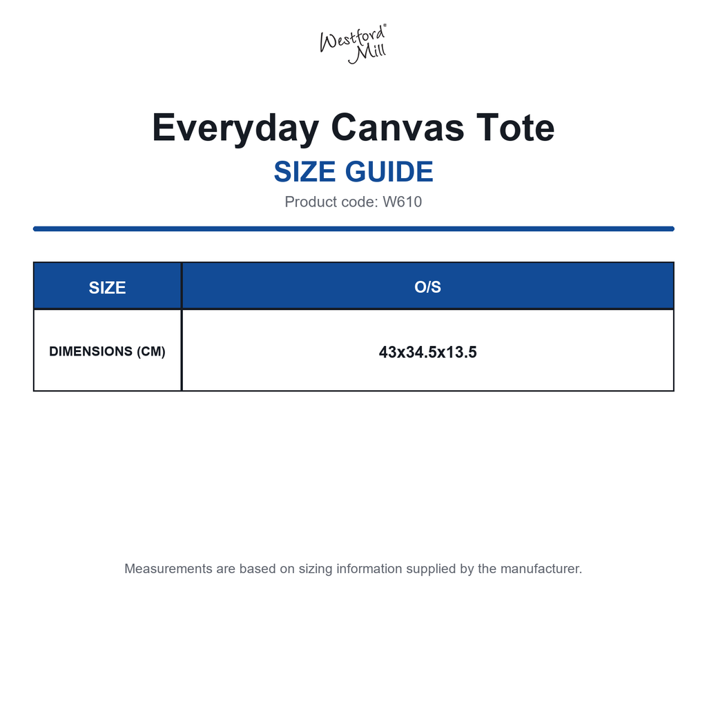 W610 Westford Mill Everyday Canvas Tote size guide (W610)