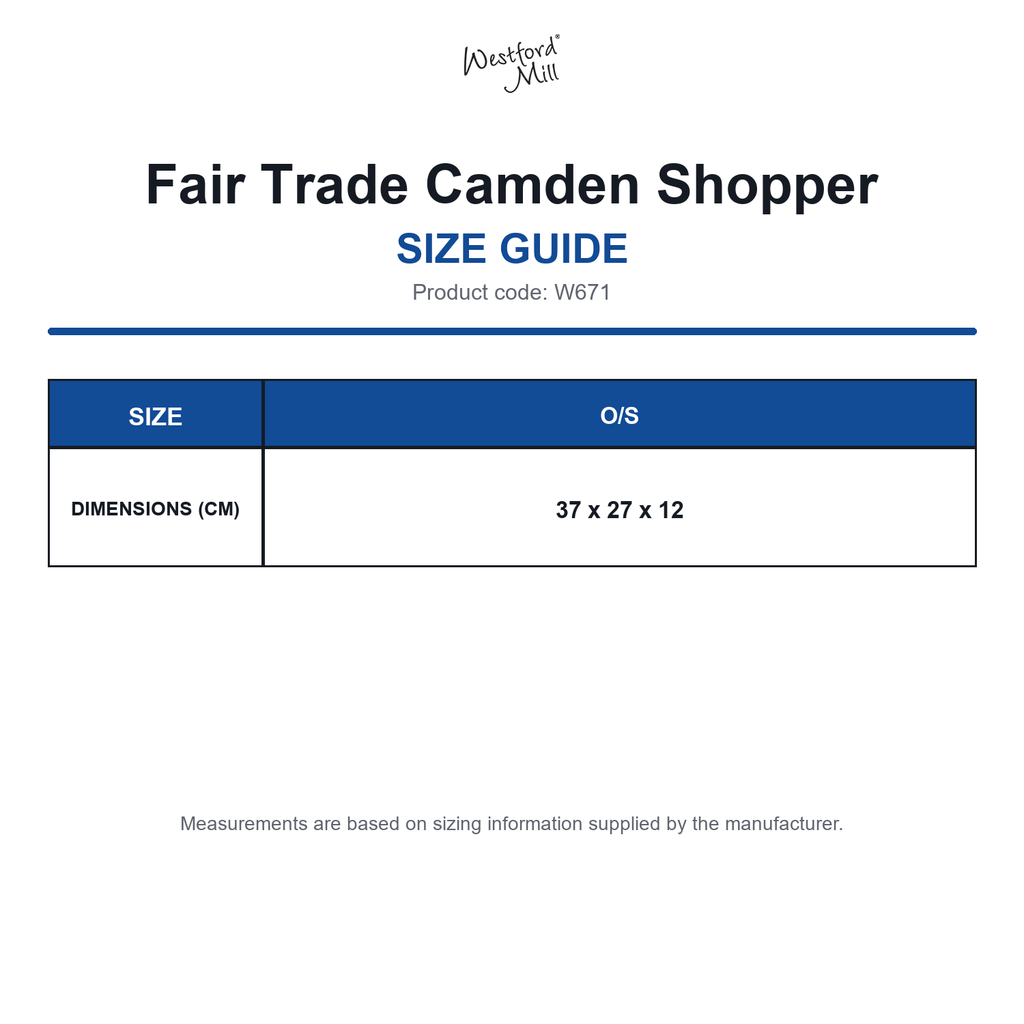 W671 Westford Mill Fair Trade Camden Shopper size guide (W671)