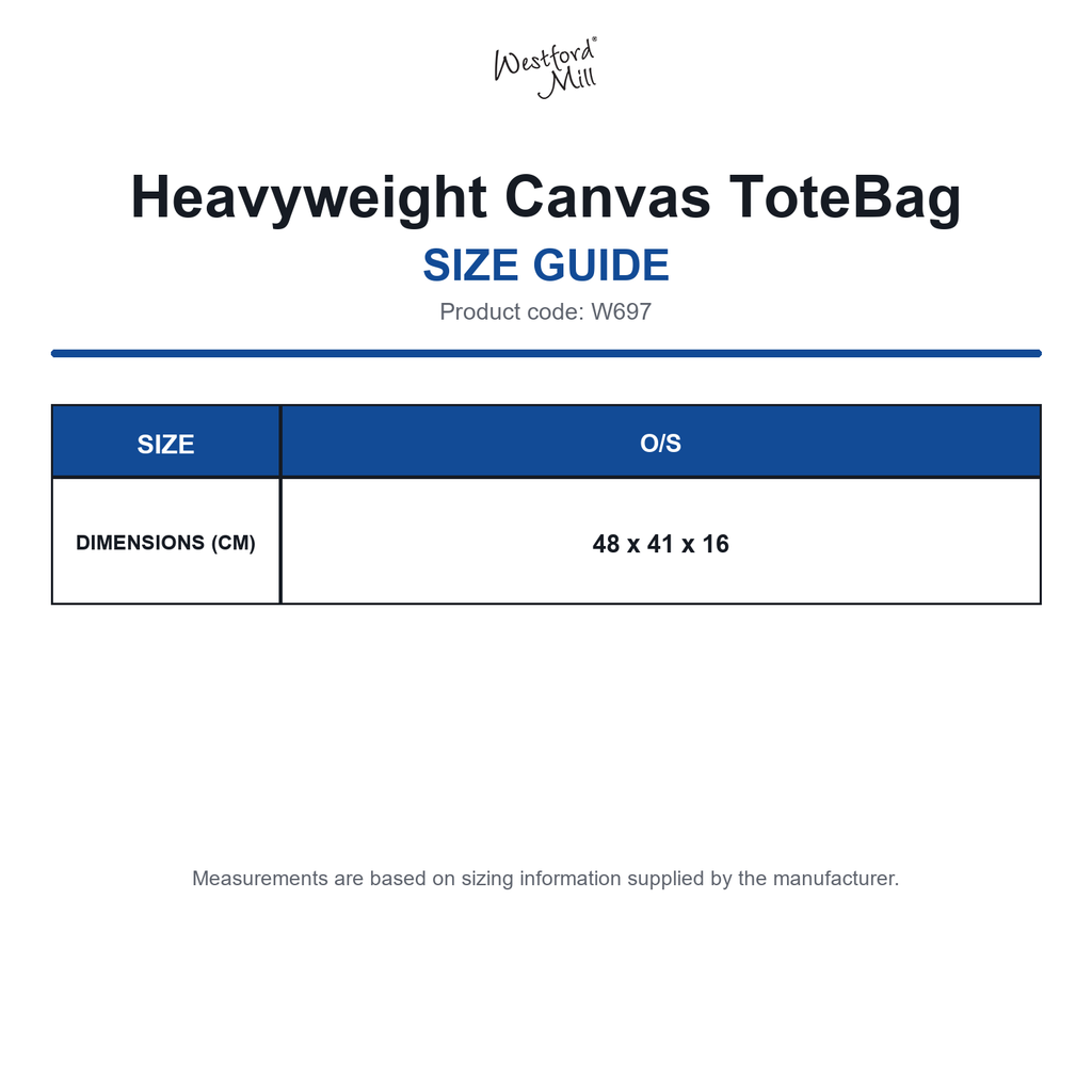 W697 Westford Mill Heavyweight Canvas ToteBag size guide (W697)